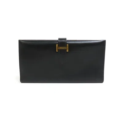 Pre-owned Hermes Black Box Calf Leather Long Wallet (bi-fold) ()