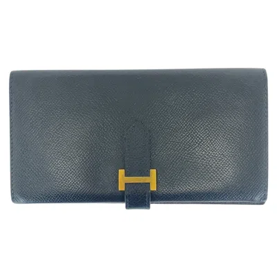 Pre-owned Hermes Black Box Calf Leather Long Wallet (bi-fold) ()