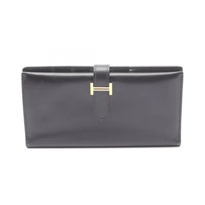 Pre-owned Hermes Black Box Calf Leather Long Wallet (bi-fold) ()