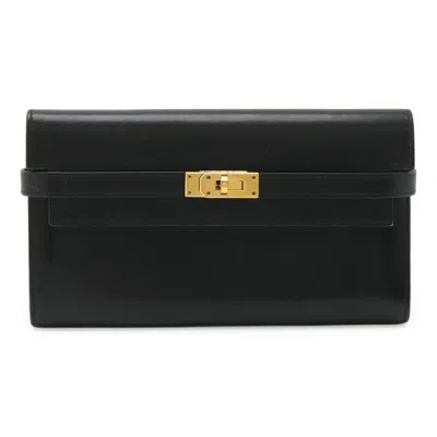 Pre-owned Hermes Black Box Calf Leather Long Wallet (bi-fold) ()