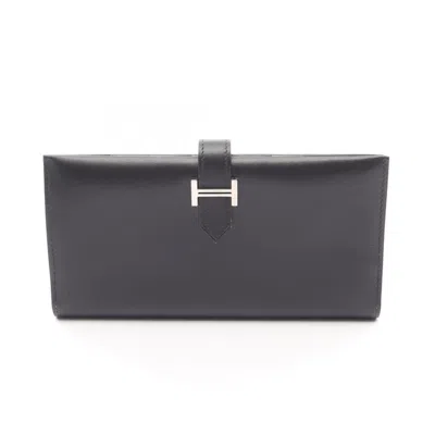 Pre-owned Hermes Black Box Calf Leather Long Wallet (bi-fold) ()