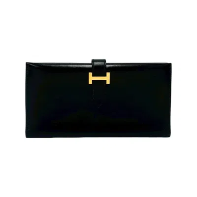 Pre-owned Hermes Black Box Calf Leather Long Wallet (bi-fold) ()