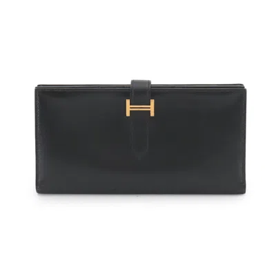 Pre-owned Hermes Black Box Calf Leather Long Wallet (bi-fold) ()