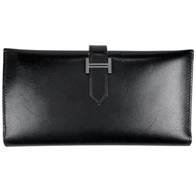 Pre-owned Hermes Black Box Calf Leather Long Wallet (bi-fold) ()