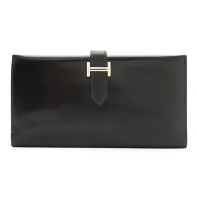 Pre-owned Hermes Black Box Calf Leather Long Wallet (bi-fold) ()