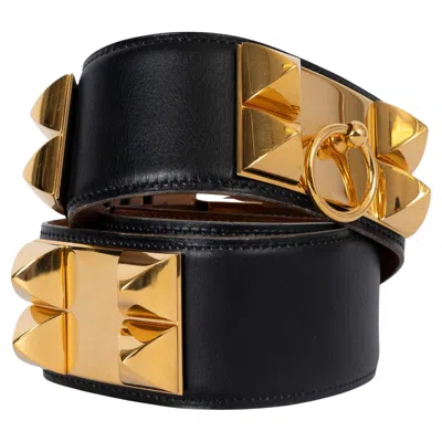 Pre-owned Hermes Black Box Leather Collier De Chien 50mm Belt 80