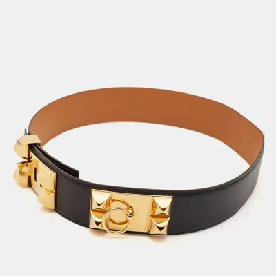 Pre-owned Hermes Black Box Leather Collier De Chien Belt 80 Cm