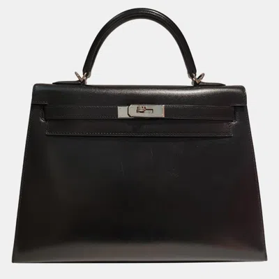 Pre-owned Hermes Black Box Leather Kelly 32 Phw Bag