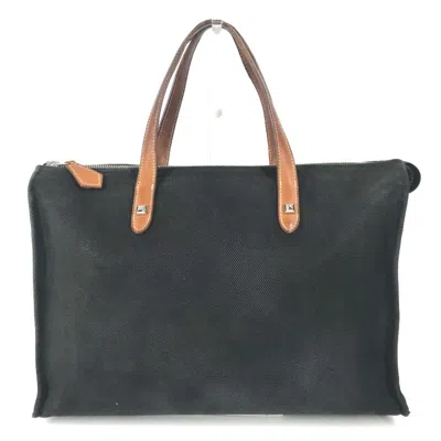 Pre-owned Hermes Black Brown Canvas Leather Briefcase Handbag Tote Bag () In Black, Brown