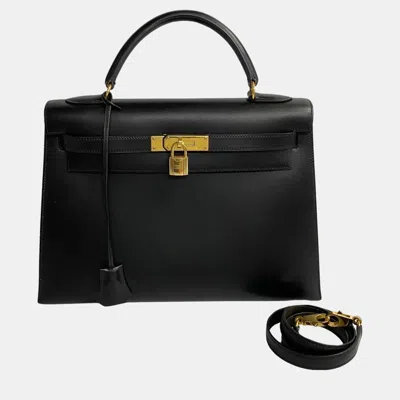 Pre-owned Hermes Black Calf Leather Kelly 32 Handbag