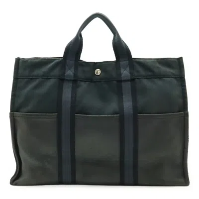 Pre-owned Hermes Black Canvas Leather Handbag Tote Bag ()