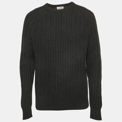 Pre-owned Hermes Black Cashmere Rib Knit Crewneck Sweater L