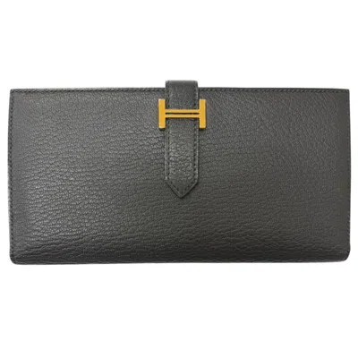 Pre-owned Hermes Black Chevre Leather Long Wallet (bi-fold) ()