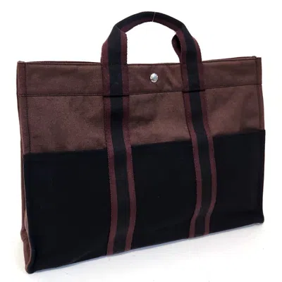 Pre-owned Hermes Black Dark Brown Canvas Tote Bag () In Black, Dark Brown