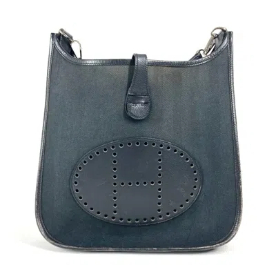 Pre-owned Hermes Black Dark Navy Leather Canvas Shoulder Bag ()