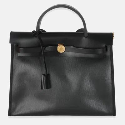 Pre-owned Hermes Black Ecru Toile H Berline Vache Hunter Herbag Zip Pm 31 Ghw