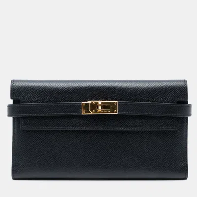 Pre-owned Hermes Black Epsom Kelly Trifold Long Wallet