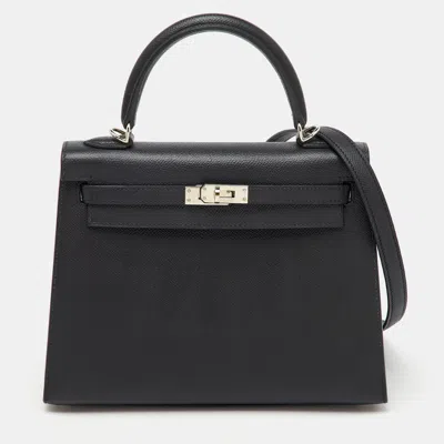 Pre-owned Hermes Black Epsom Leather Palladium Finish Kelly Sellier 25 Bag