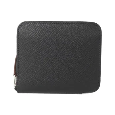Pre-owned Hermes Black Epsom Leather Silk Coin Purse/coin Case ()