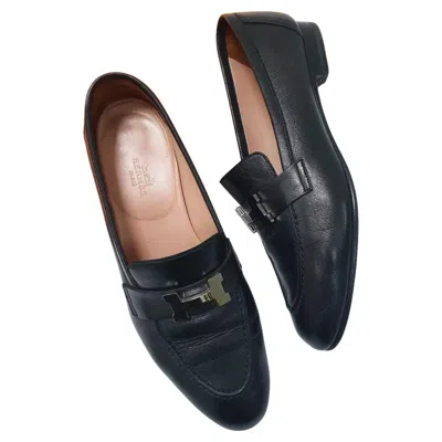 Pre-owned Hermes Black Gold H Buckle Logo Loafers Sz.37.5