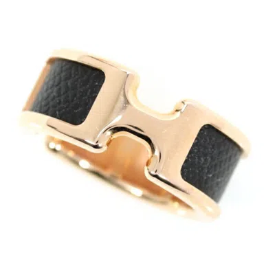 Pre-owned Hermes Black Gold Plating Leather Band Ring ()