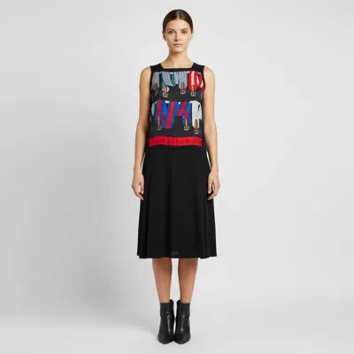 Pre-owned Hermes Hermès Black Graphic Print Silk & Cashmere Blend Flared Midi Dress M