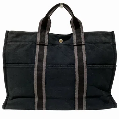 Pre-owned Hermes Black Gray Canvas Handbag Tote Bag () In Multi