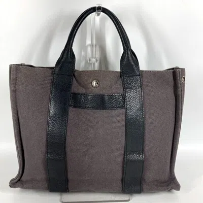 Pre-owned Hermes Black Gray Leather Canvas Handbag Tote Bag () In Black, Gray