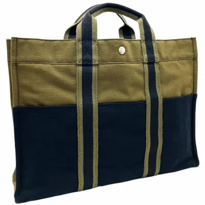 Pre-owned Hermes Black Green Khaki Canvas Handbag Tote Bag ()