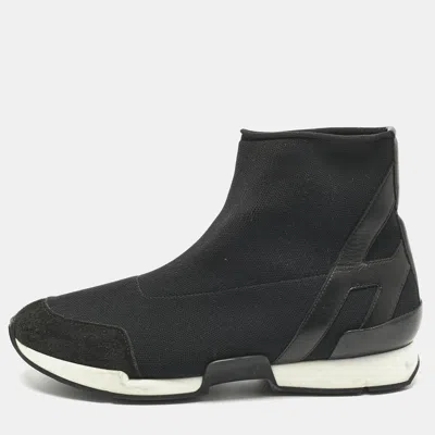 Pre-owned Hermes Black Knit Fabric And Leather Soft High Top Sneakers Size 36