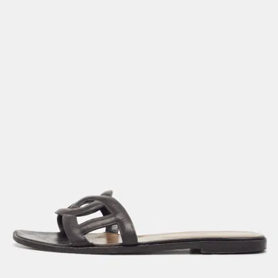 Pre-owned Hermes Black Leather Aloha Flat Sandals Size 41