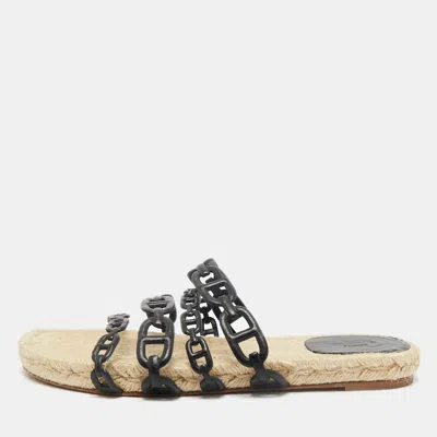 Pre-owned Hermes Black Leather Ancone Espadrille Flats Size 39