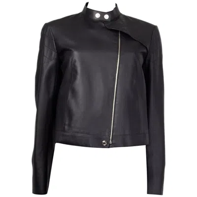 Pre-owned Hermes Black Leather Band Collar Quilted Shoulder Biker Jacket 38 S