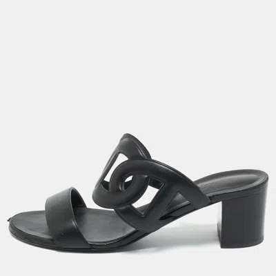 Pre-owned Hermes Black Leather Bikini Slide Sandals Size 38
