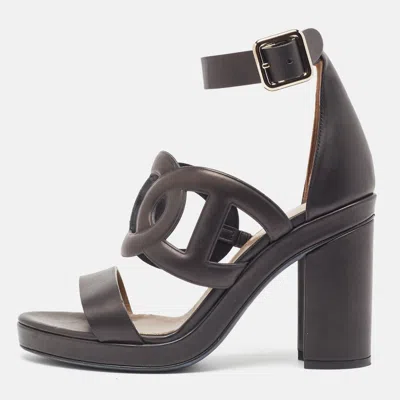 Pre-owned Hermes Black Leather Block Heel Ankle Strap Sandals Size 39