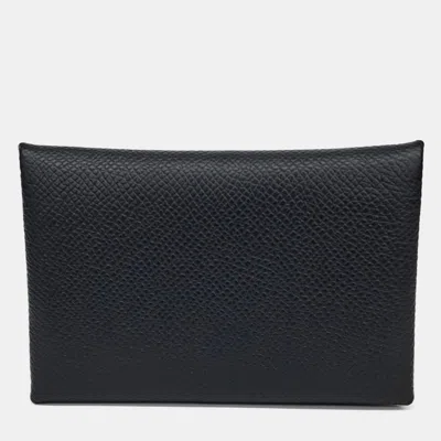 Pre-owned Hermes Black Leather Calvi Card Holder