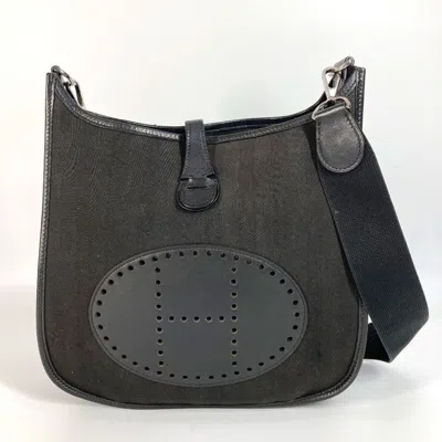Pre-owned Hermes Black Leather Canvas Pochette Shoulder Bag ()