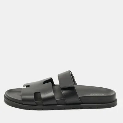 Pre-owned Hermes Hermès Black Leather Chypre Sandals Size 43