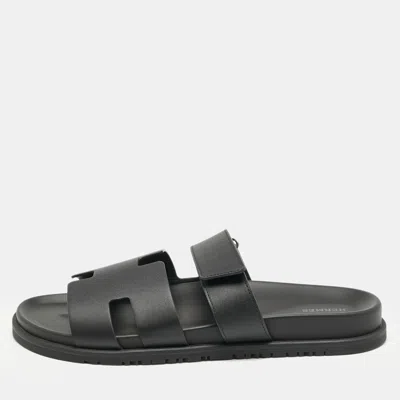 Pre-owned Hermes Black Leather Chypre Sandals Size 45.5