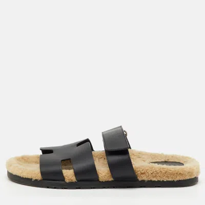 Pre-owned Hermes Black Leather Chypre Shearling Fur Flat Sandals Size 43
