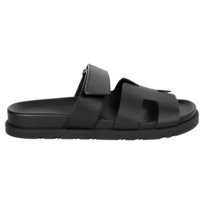 Pre-owned Hermes Black Leather Chypre Slide Sandals Shoes 37.5