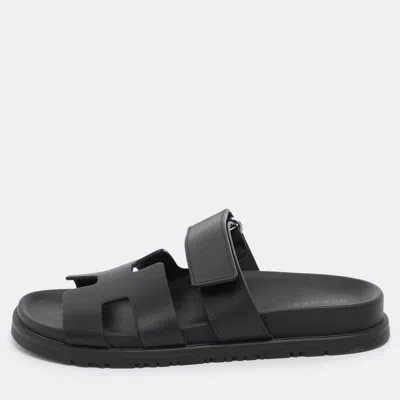 Pre-owned Hermes Black Leather Chypre Slide Sandals Size 35