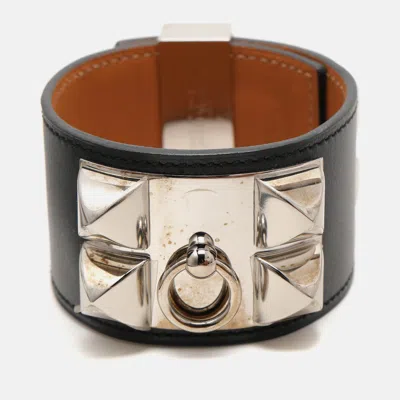 Pre-owned Hermes Black Leather Collier De Chien Palladium Plated Wide Bracelet L