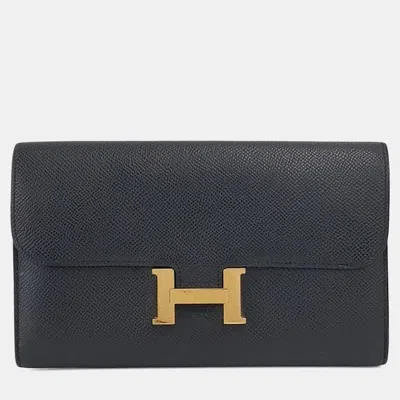 Pre-owned Hermes Black Leather Constance Long Wallet (c)