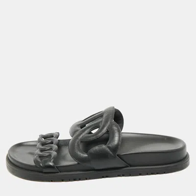 Pre-owned Hermes Black Leather Extra Flat Slide Sandals Size 36.5