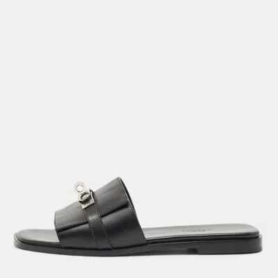 Pre-owned Hermes Black Leather Gabriel Slide Sandals Size 37