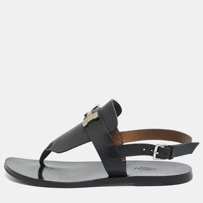 Pre-owned Hermes Black Leather Galerie Slingback Sandals Size 39