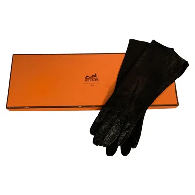 Pre-owned Hermes Black Leather Gloves With Silk Lining In Original Box