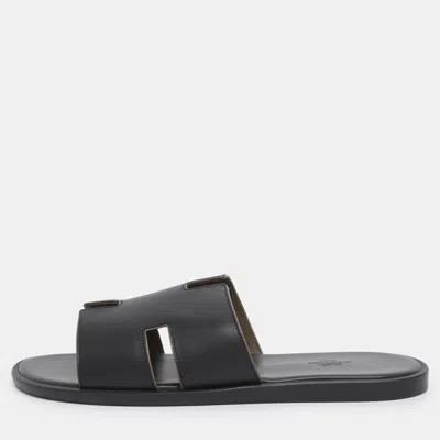 Pre-owned Hermes Hermés Black Leather Izmir Flat Slides Size 43