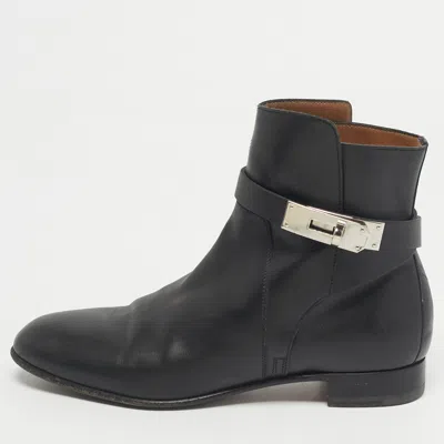 Pre-owned Hermes Black Leather Jeff Ankle Length Boots Size 35.5